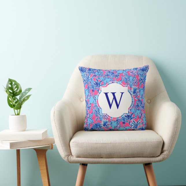 Preppy Palm Beach Pink Blue Elephants Monogram Cushion (Chair)