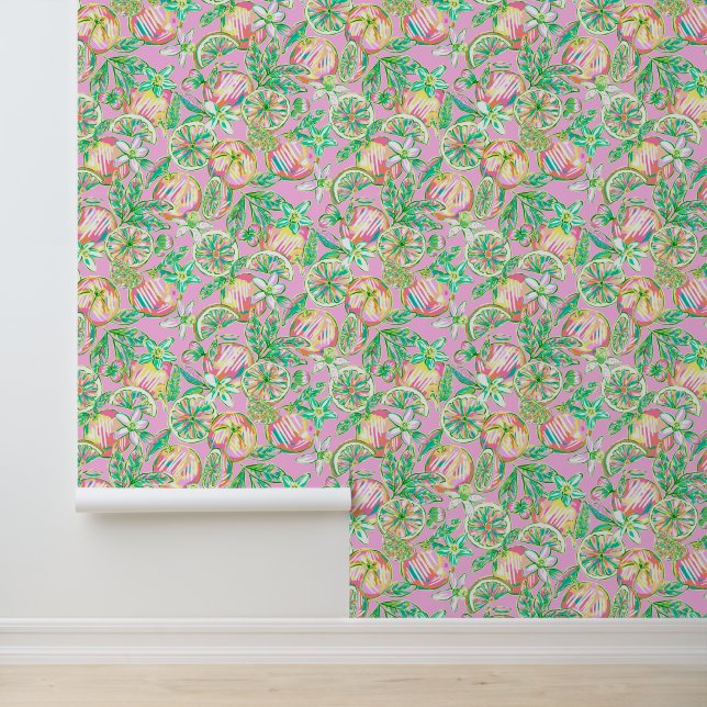 Preppy Palm Beach Pink & Green Oranges Wallpaper (Application)
