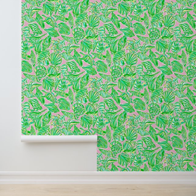 Preppy Palm Beach Pink & Green Seashells Wallpaper (Application)