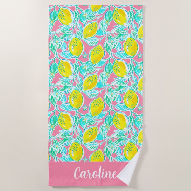 Preppy Palm Beach Pink Lemons Personalised Towel (Front)