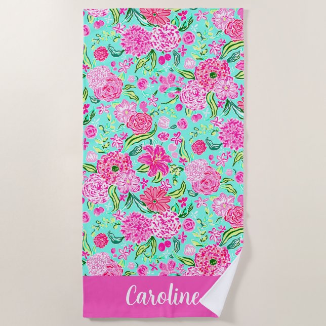 Preppy Palm Beach Pink Mint Flowers Personalised Beach Towel (Front)