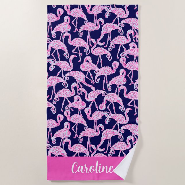 Preppy Palm Beach Pink Navy Flamingo Personalised Beach Towel (Front)