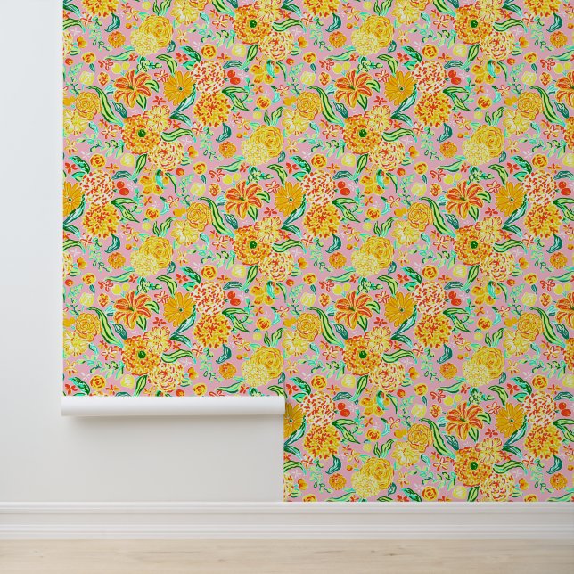 Preppy Palm Beach Pink & Orange Flowers Wallpaper (Application)