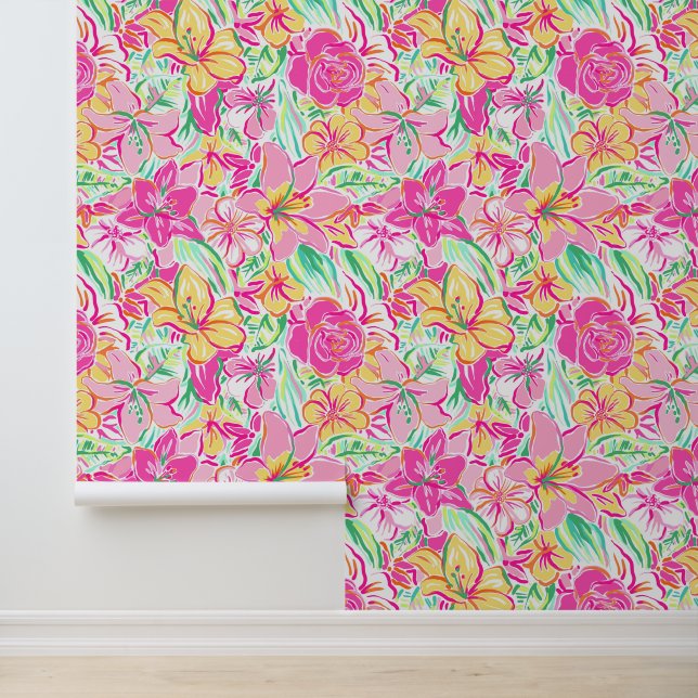 Preppy Palm Beach Pink & Yellow Flowers Wallpaper (Application)