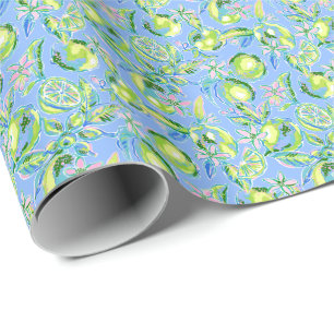 Preppy Palm Beach Print Blue and Green Limes Wrapping Paper