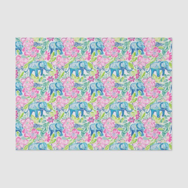 Preppy Palm Beach Print Blue and Pink Elephants Tissue Paper (Front)