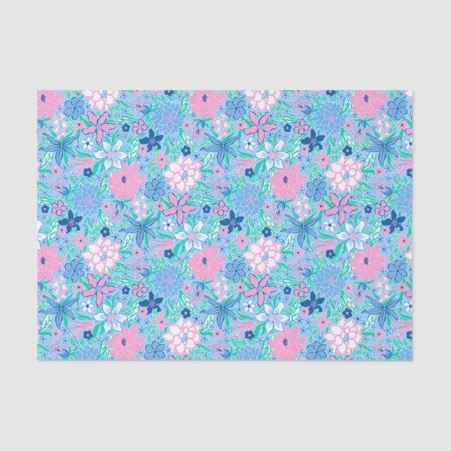 Preppy Palm Beach Print Blue and Pink Flowers Tissue Paper (Front)