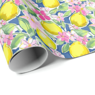 Preppy Palm Beach Print Blue and Yellow Lemons Wrapping Paper