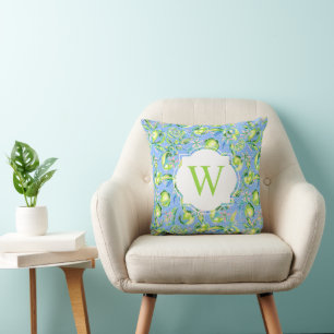 Preppy Palm Beach Print Blue Limes Monogram Cushion