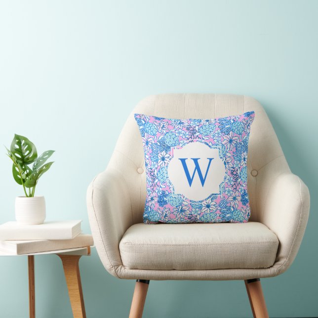 Preppy Palm Beach Print Blue Turtles Monogram Cushion (Chair)