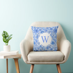 Preppy Palm Beach Print Blue White Floral Monogram Cushion
