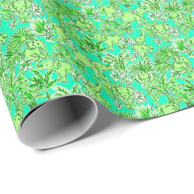 Preppy Palm Beach Print Green Elephants Wrapping Paper (Roll Corner)