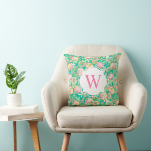 Preppy Palm Beach Print Green Oranges Monogram Cushion