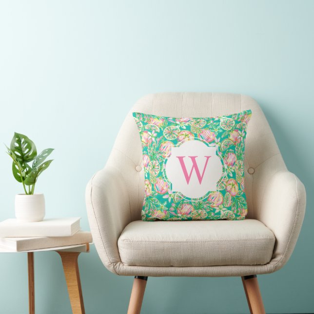 Preppy Palm Beach Print Green Oranges Monogram Cushion (Chair)