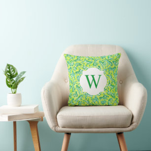 Preppy Palm Beach Print Green Zebras Monogram Cushion