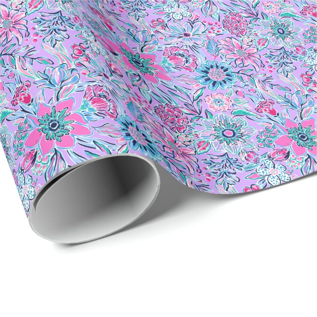 Preppy Palm Beach Print Lavender and Pink Flowers Wrapping Paper (Roll Corner)