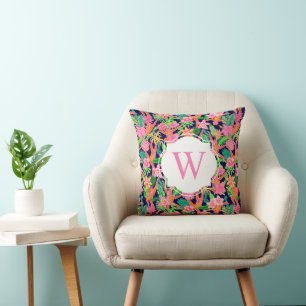 Preppy Palm Beach Print Navy Monkeys Monogram Cushion