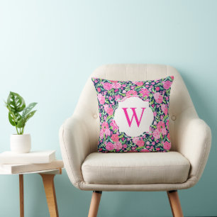 Preppy Palm Beach Print Navy Pink Floral Monogram Cushion