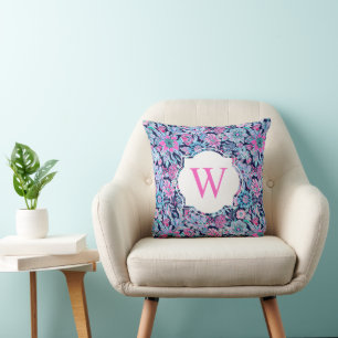 Preppy Palm Beach Print Navy Pink Flowers Monogram Cushion
