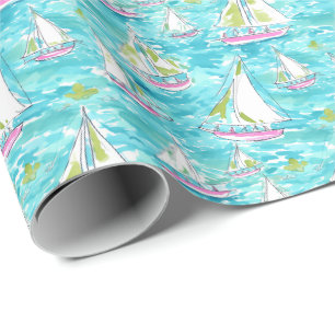 Preppy Palm Beach Print Pastel Sailboats Wrapping Paper