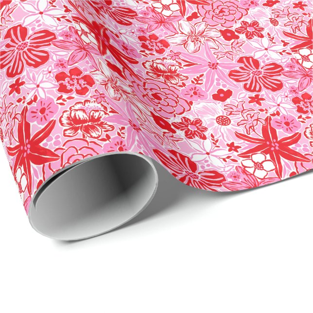 Preppy Palm Beach Print Pink and Red Flowers Wrapping Paper (Roll Corner)