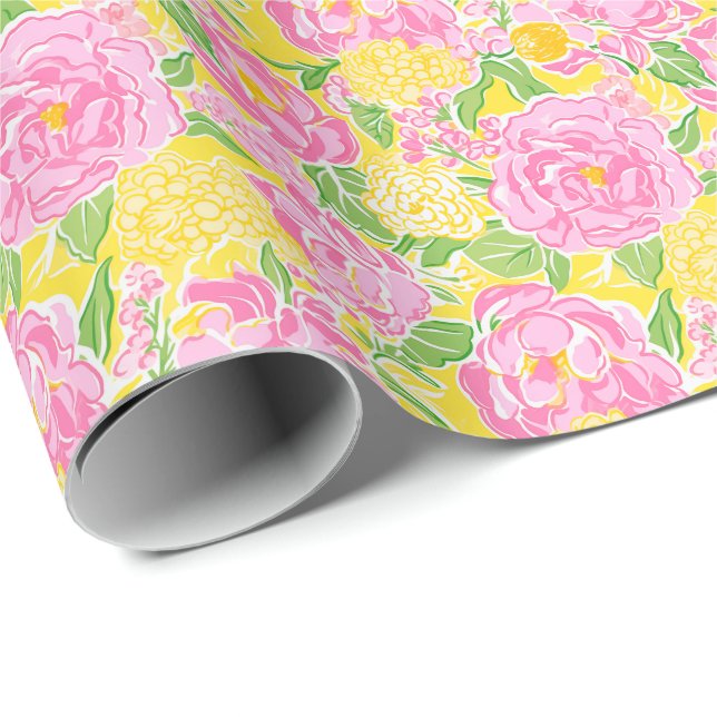 Preppy Palm Beach Print Pink and Yellow Flowers Wrapping Paper (Roll Corner)