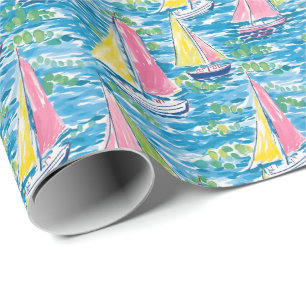 Preppy Palm Beach Print Pink and Yellow Sailboats Wrapping Paper
