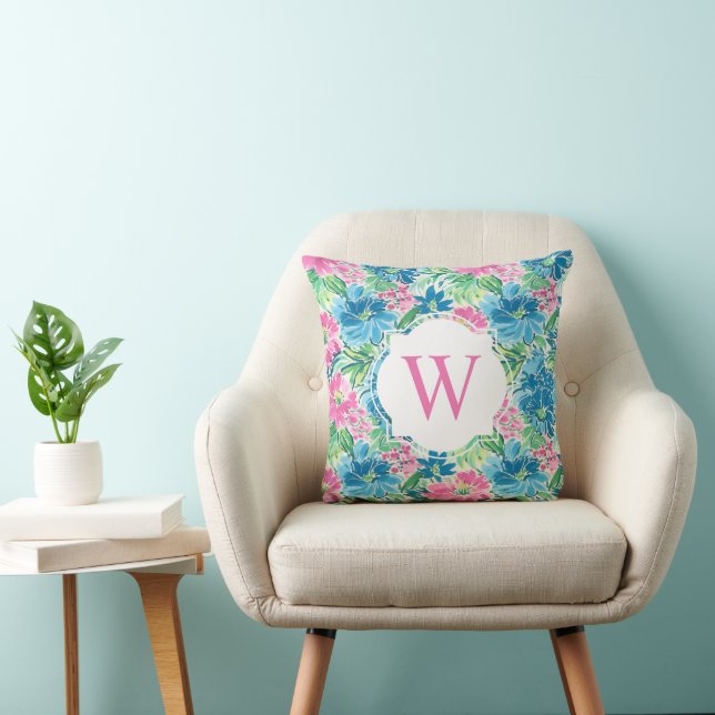 Preppy Palm Beach Print Pink Blue Flowers Monogram Cushion (Chair)