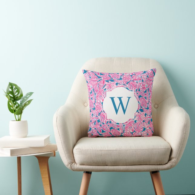 Preppy Palm Beach Print Pink Blue Shells Monogram Cushion (Chair)