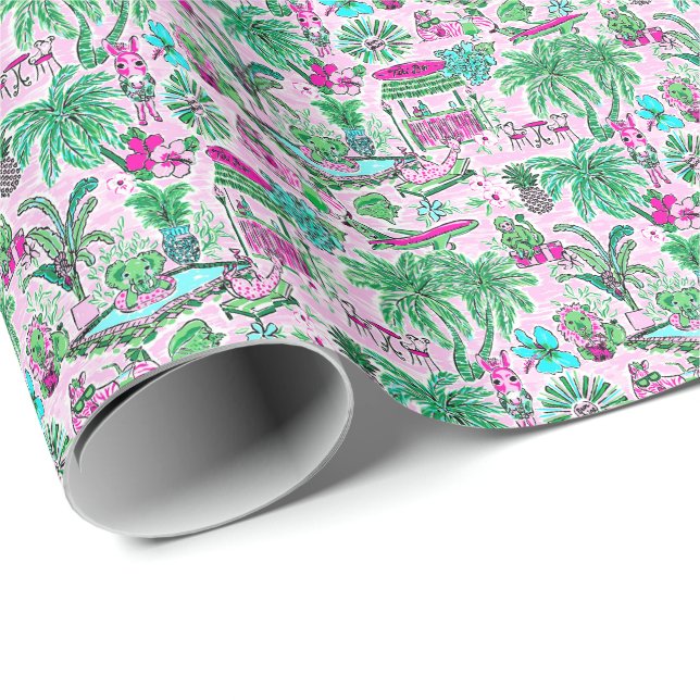 Preppy Palm Beach Print Pink & Green Animal Vacay Wrapping Paper (Roll Corner)