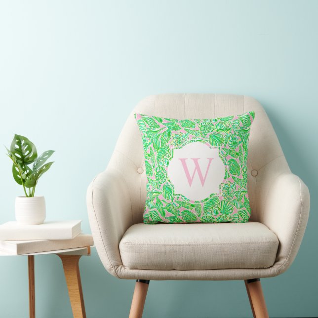 Preppy Palm Beach Print Pink Green Shells Monogram Cushion (Chair)