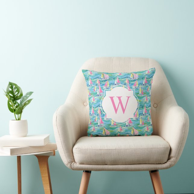 Preppy Palm Beach Print Pink Sailboats Monogram Cushion (Chair)