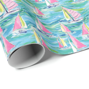 Preppy Palm Beach Print Pink Sailboats Wrapping Paper
