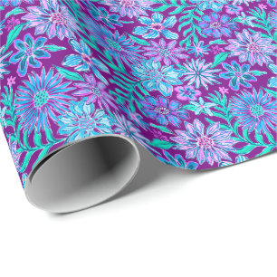 Preppy Palm Beach Print Purple & Blue Flowers Wrapping Paper