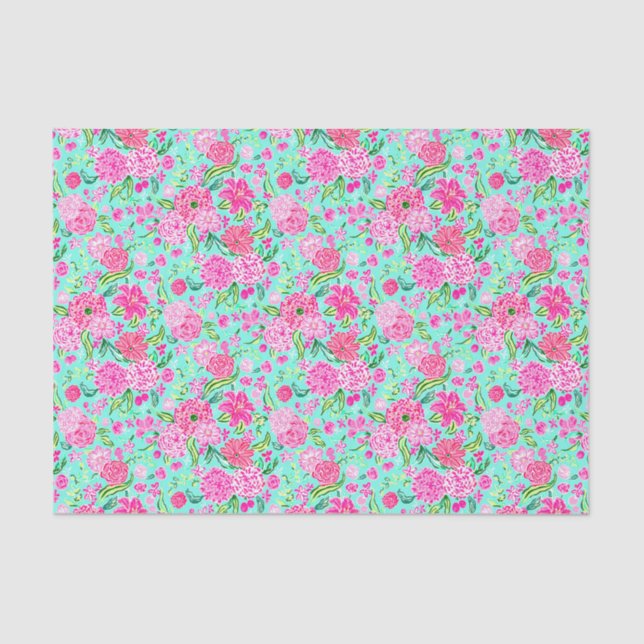Preppy Palm Beach Print Teal with Pink Flowers Tissue Paper (Front)