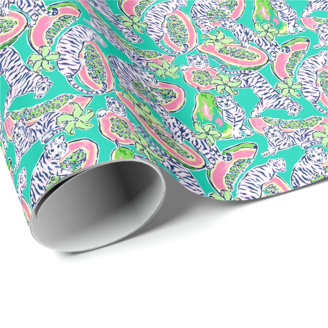 Preppy Palm Beach Print Tigers and Papayas Wrapping Paper (Roll Corner)