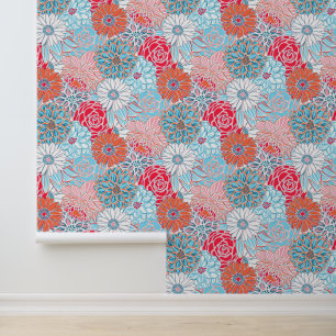 Preppy Palm Beach Red Orange and Blue Flowers Wallpaper