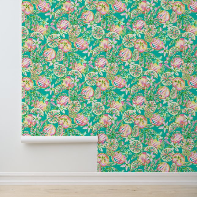 Preppy Palm Beach Teal & Pink Oranges Wallpaper (Application)