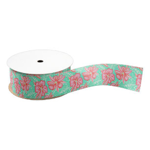 Preppy Palm Beach Tropical Flowers Pattern Grosgrain Ribbon