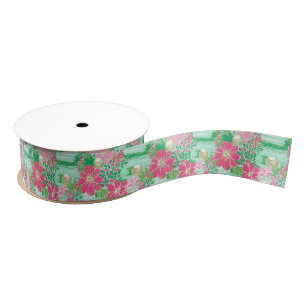 Preppy Palm Beach Tropical Flowers Pattern Grosgrain Ribbon