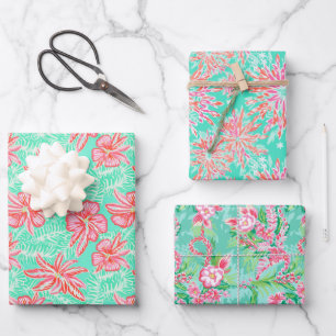 Preppy Palm Beach Tropical Flowers Pattern Wrapping Paper Sheet