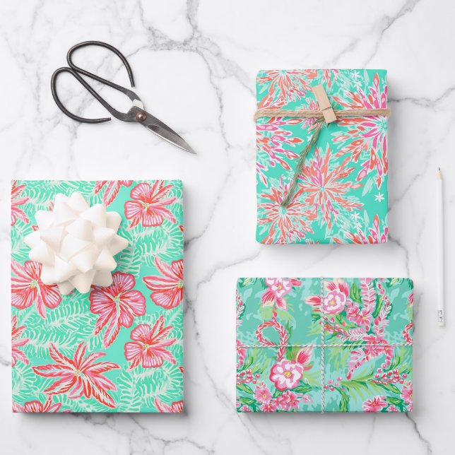 Preppy Palm Beach Tropical Flowers Pattern Wrapping Paper Sheet (Front)