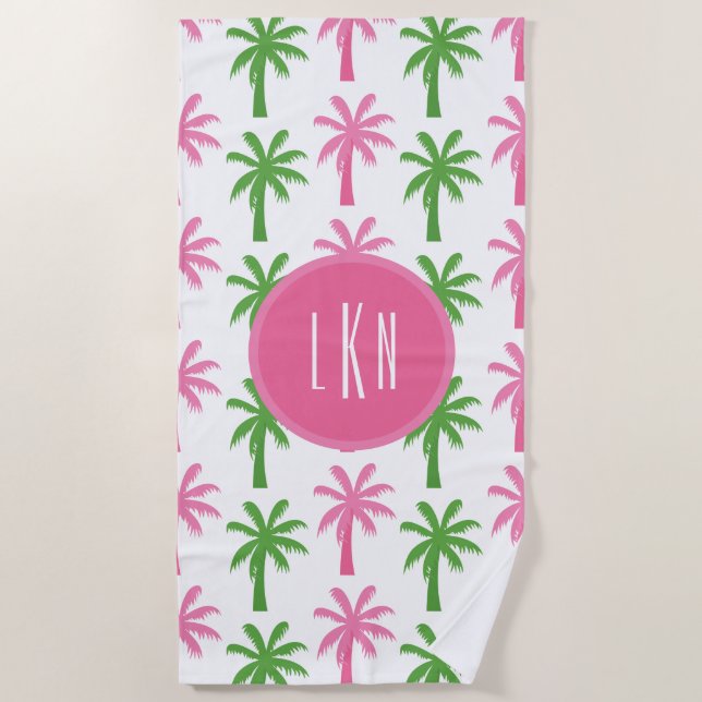 Preppy Palm Trees Monogrammed Beach Towel (Front)