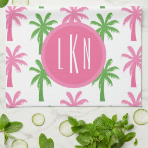 Preppy Palm Trees Monogrammed Kitchen Towel