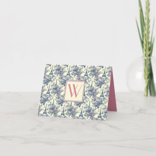 Preppy Paris Toile Pink and Blue Monogram Note Card
