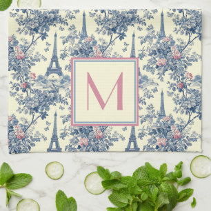 Preppy Paris Toile Pink and Blue Monogram Tea Towel