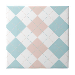 Preppy Pastel Blue and Pink Chequered Patterns Ceramic Tile