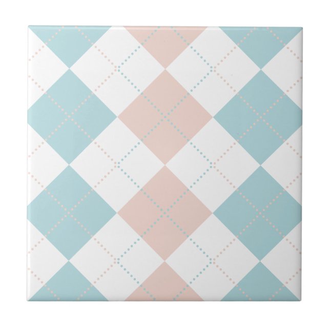 Preppy Pastel Blue and Pink Chequered Patterns Ceramic Tile (Front)