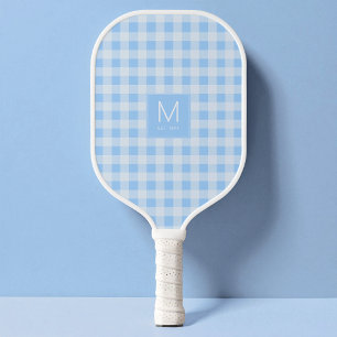 Preppy Pastel Blue Gingham Monogram Established Pickleball Paddle