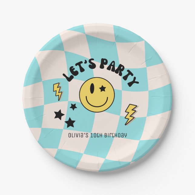 Preppy Pastel Blue Y2K Retro Birthday Paper Plate (Front)